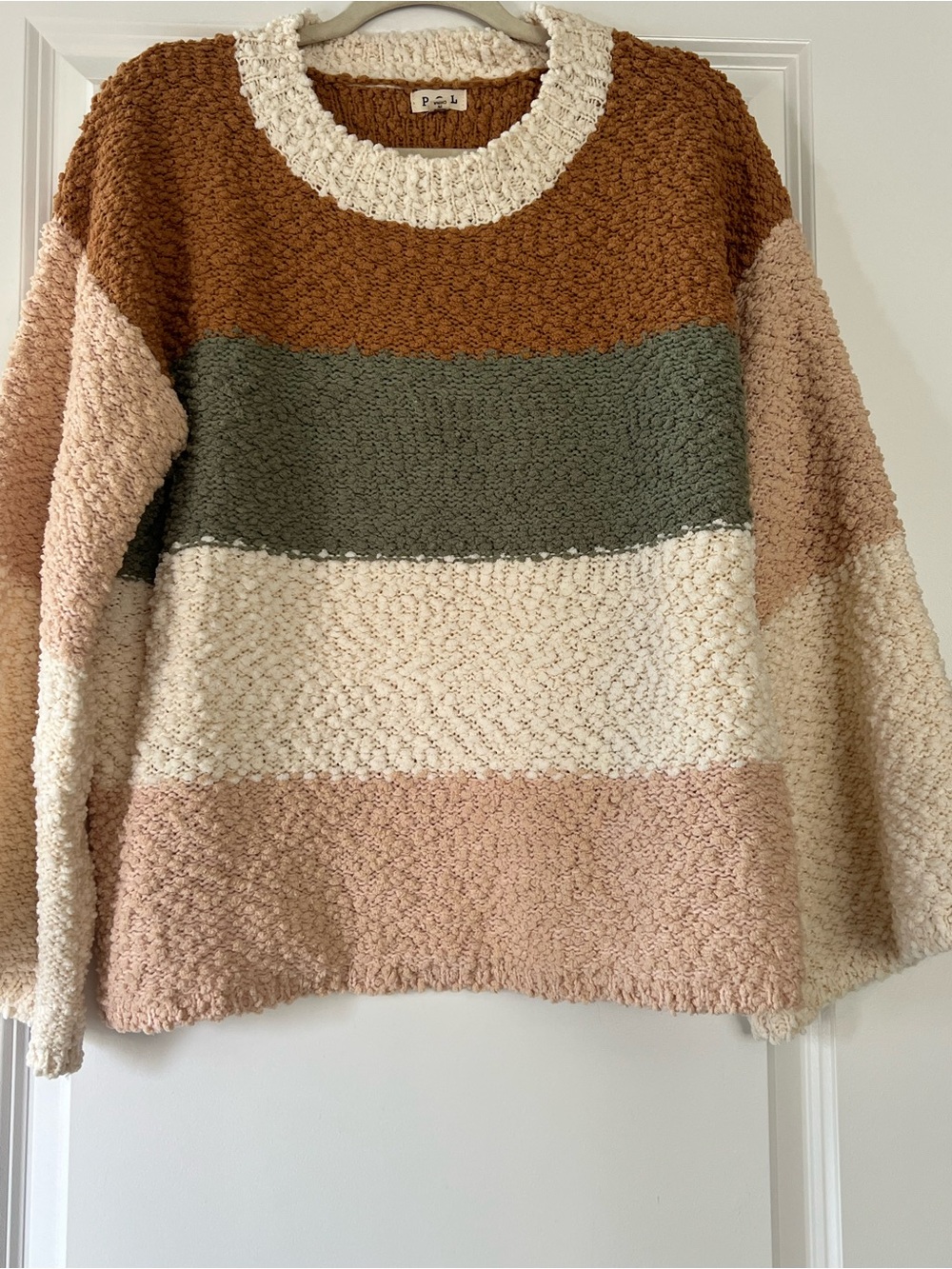 POL Women's Cozy Colorblock Crew Sweater - Rust, Olive, Cream & Blush
